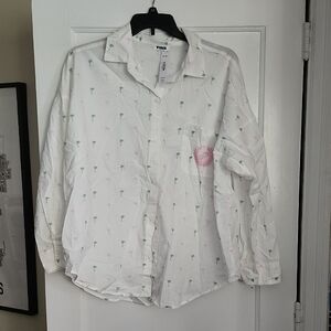 PINK Victoria's Secret NWT Button Down White Shirt with Green & Pink Palm Print